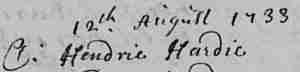 Old handwriting showing 'Hendrie' from 1733 Old handwriting showing 'Hendrie' from 1733