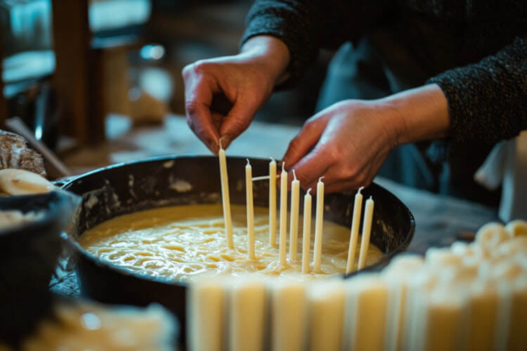 A candlemaker making traditional candles from beeswax