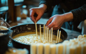 A candlemaker making traditional candles from beeswax