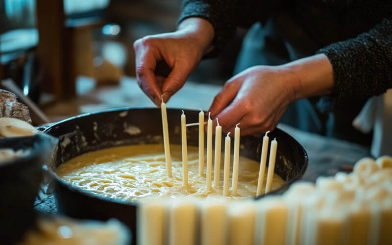 A candlemaker making traditional candles from beeswax.
