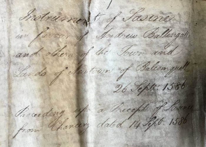 Land document (sasine) dated from 1586 about the lands at Balcanquhal